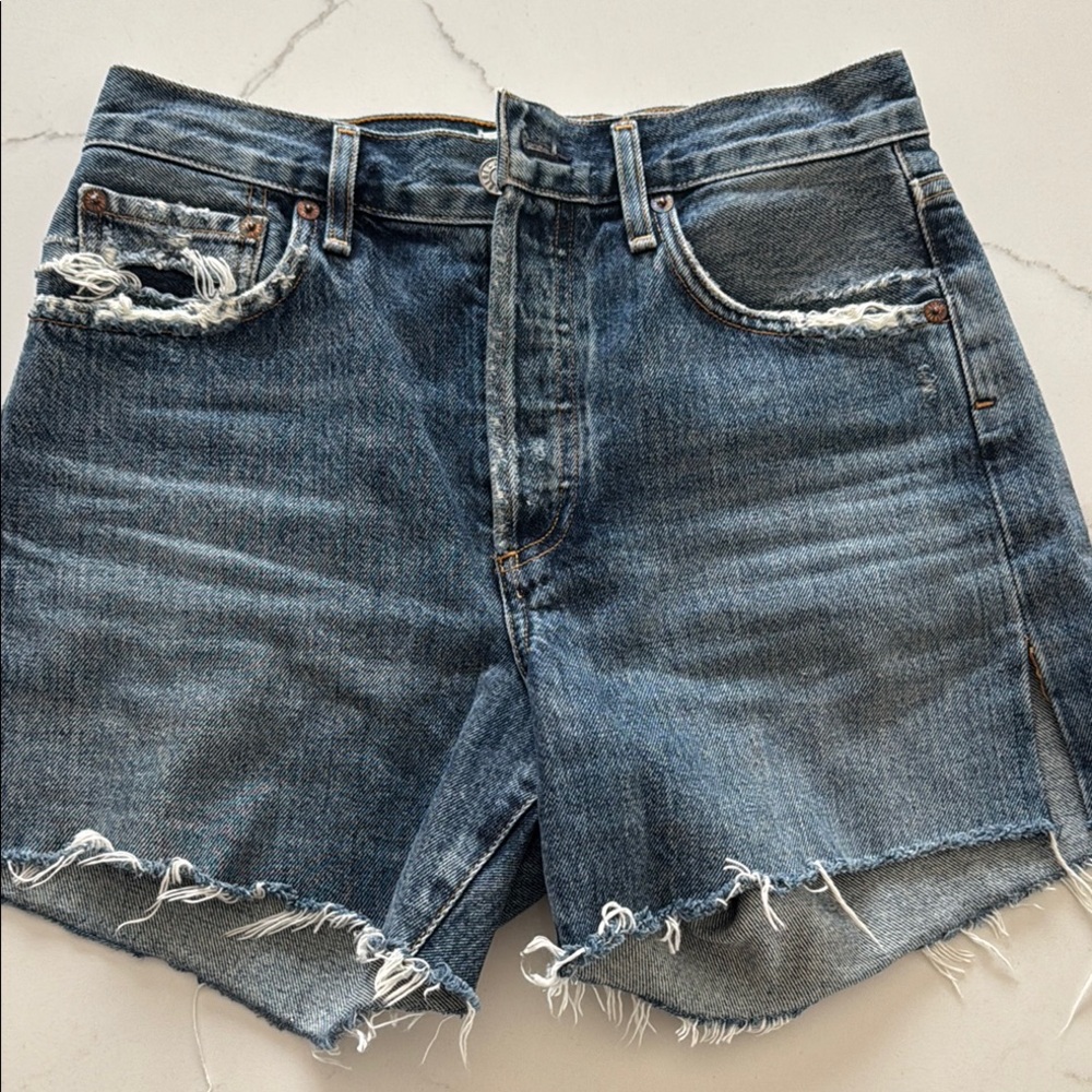Agolde Blue Frayed Hem Jean Shorts
